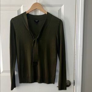 Talbots tie neck green knit long sleeve vneck cotton top sz Small petite